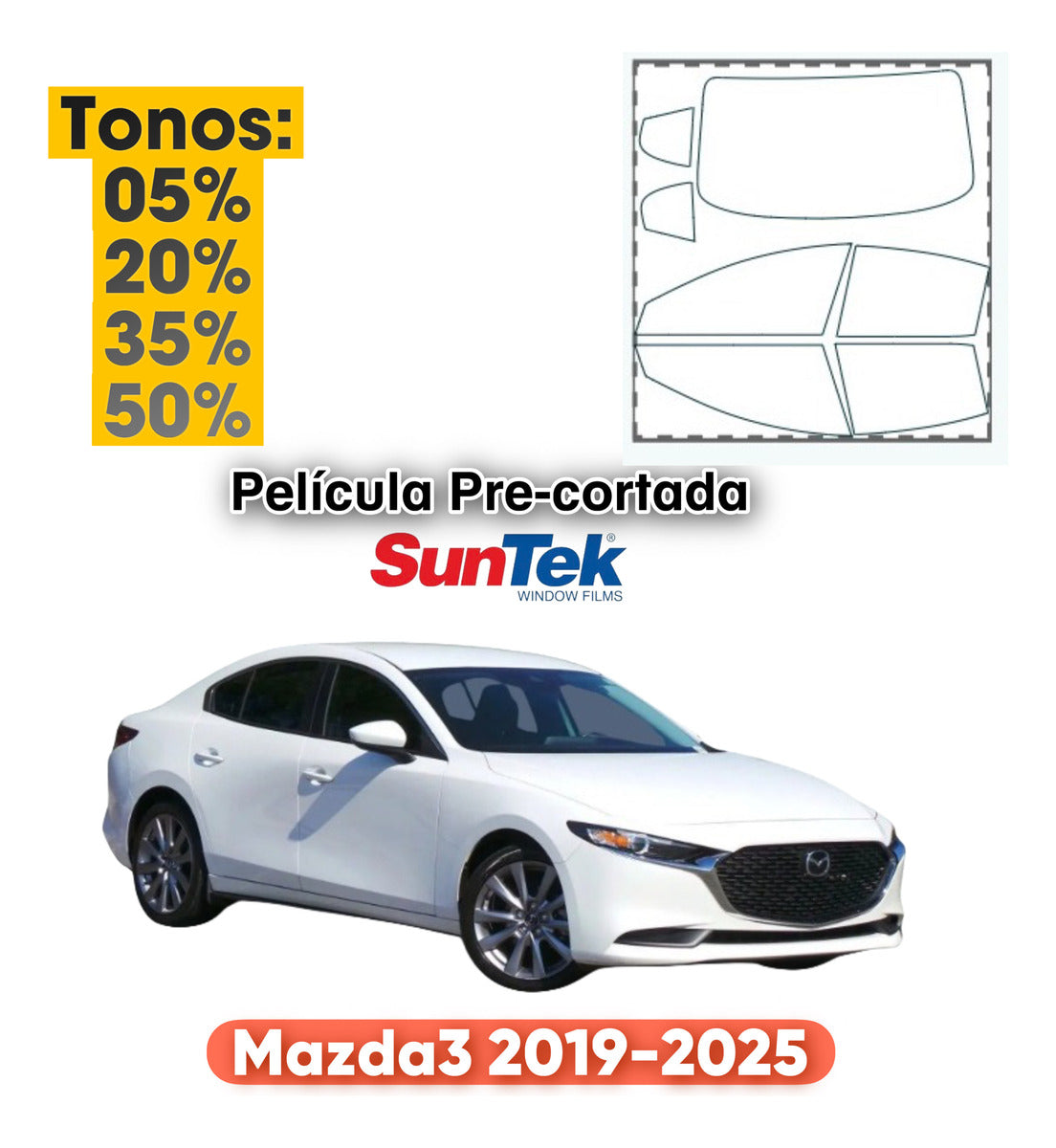 Kit Pre-cortado Polarizado Suntek Hp Mazda3 19-25 Dif Tonos