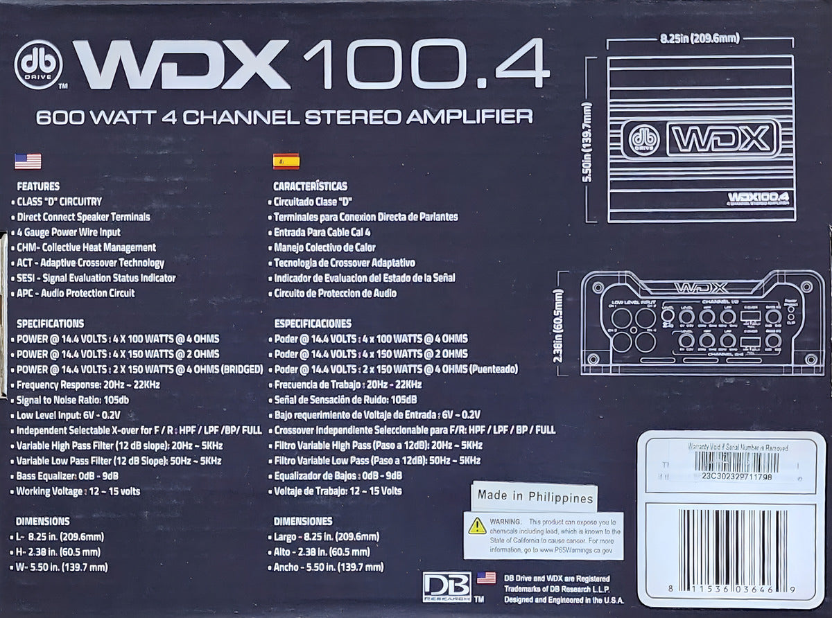 Amplificador Mini 4 Canales Db Drive Wdx100.4 600w Clase D Color Negro